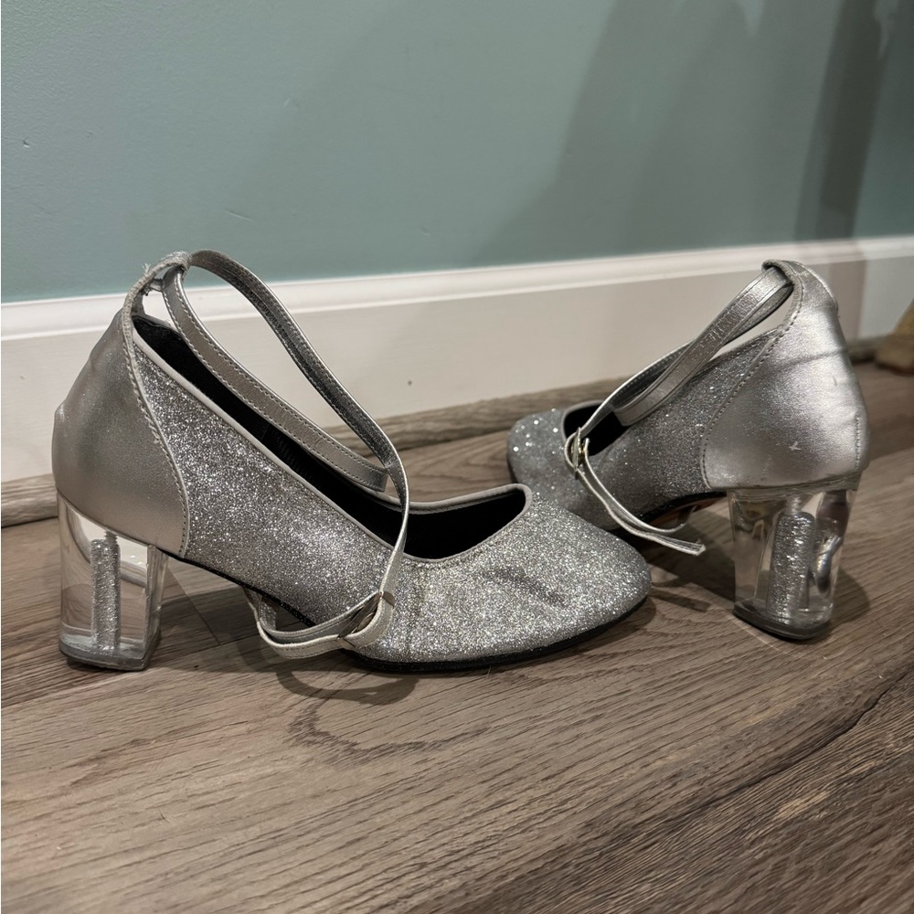 Tie Tac Toes Silver Glittery American Made Dance Shoes 2 3/4 inch Lucite Heel